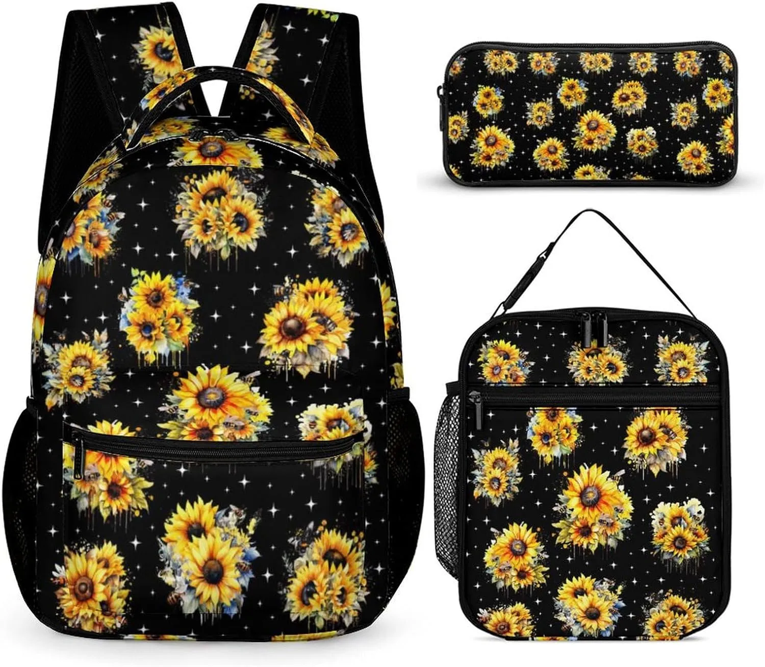 Sunflower Backpack with Lunch Box & Pencil Case, 16 Inch Cute Sunflowers Themed Bookbag, Adjustable Lightweight Large Capacity, Colorful Daily Casual Backpacks Set with Lunch Bag