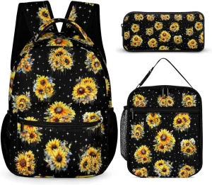 Sunflower Backpack with Lunch Box & Pencil Case, 16 Inch Cute Sunflowers Themed Bookbag, Adjustable Lightweight Large Capacity, Colorful Daily Casual Backpacks Set with Lunch Bag