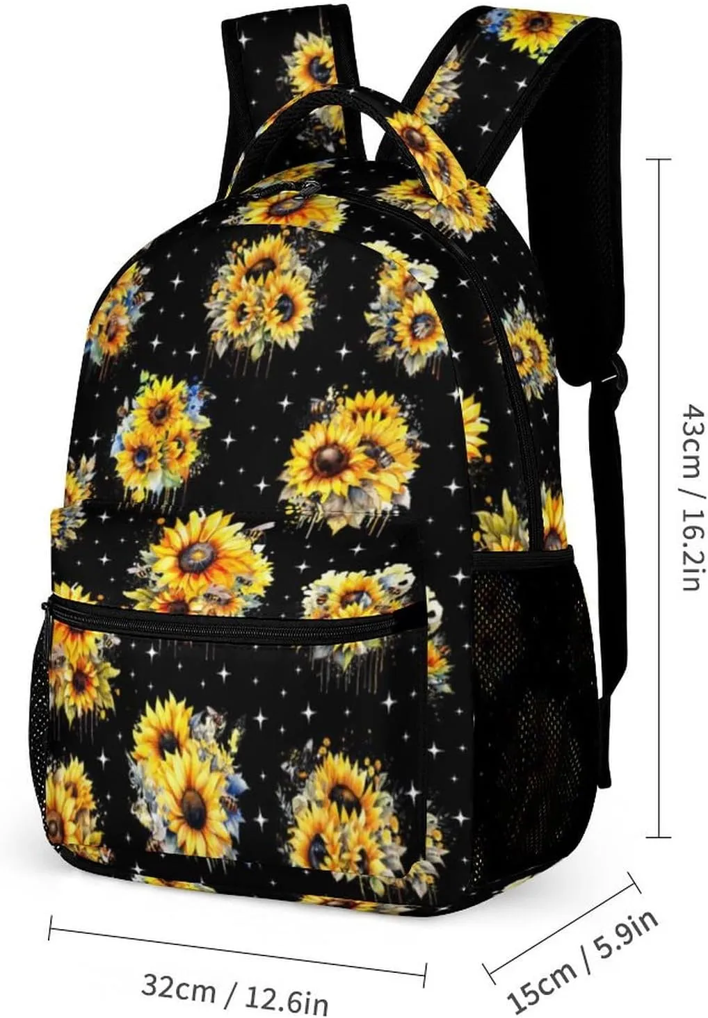 Sunflower Backpack with Lunch Box & Pencil Case, 16 Inch Cute Sunflowers Themed Bookbag, Adjustable Lightweight Large Capacity, Colorful Daily Casual Backpacks Set with Lunch Bag