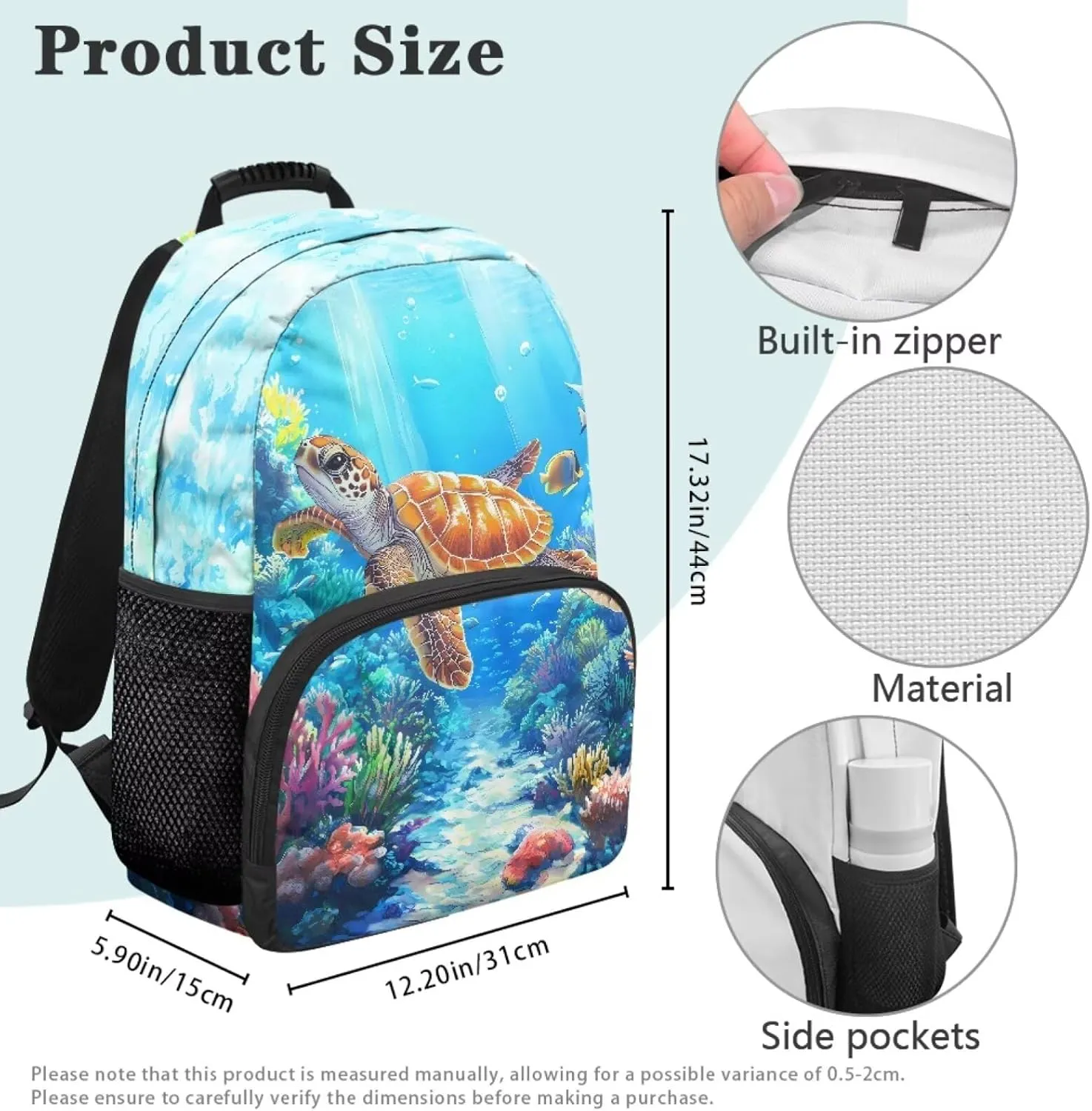 Suobstales Turtle Fish Coral Print Kids School Backpack for Teenage Kindergarten Primary School Shoulder Bag Backpacks Teens Casual Travel Daypack Junior School Student Backpack