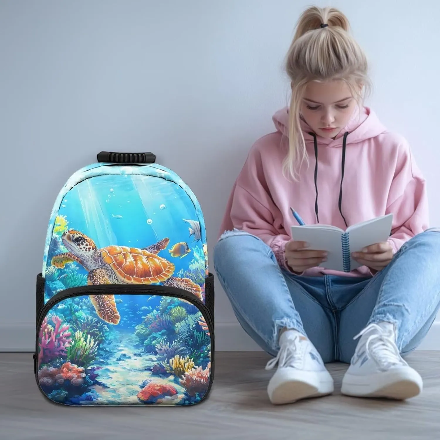 Suobstales Turtle Fish Coral Print Kids School Backpack for Teenage Kindergarten Primary School Shoulder Bag Backpacks Teens Casual Travel Daypack Junior School Student Backpack