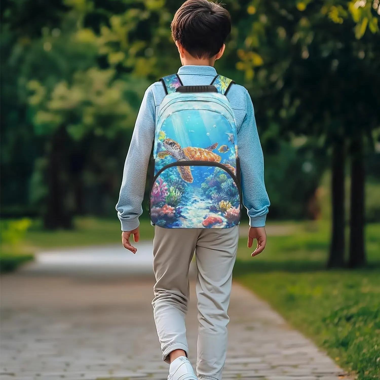 Suobstales Turtle Fish Coral Print Kids School Backpack for Teenage Kindergarten Primary School Shoulder Bag Backpacks Teens Casual Travel Daypack Junior School Student Backpack