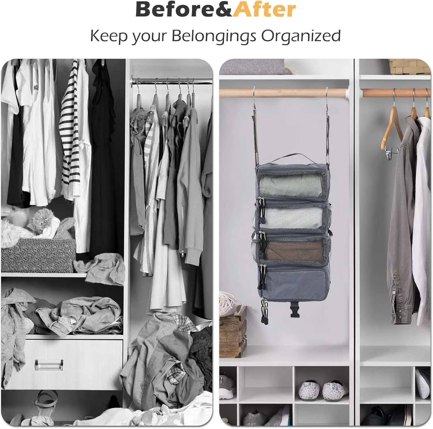 TABITORA Travel Luggage Organizer Hanging Packing Cubes Portable Hanging Shelves Carry on Closet for Suitcase with 2 Hooks,Collapsible(Gray,S)