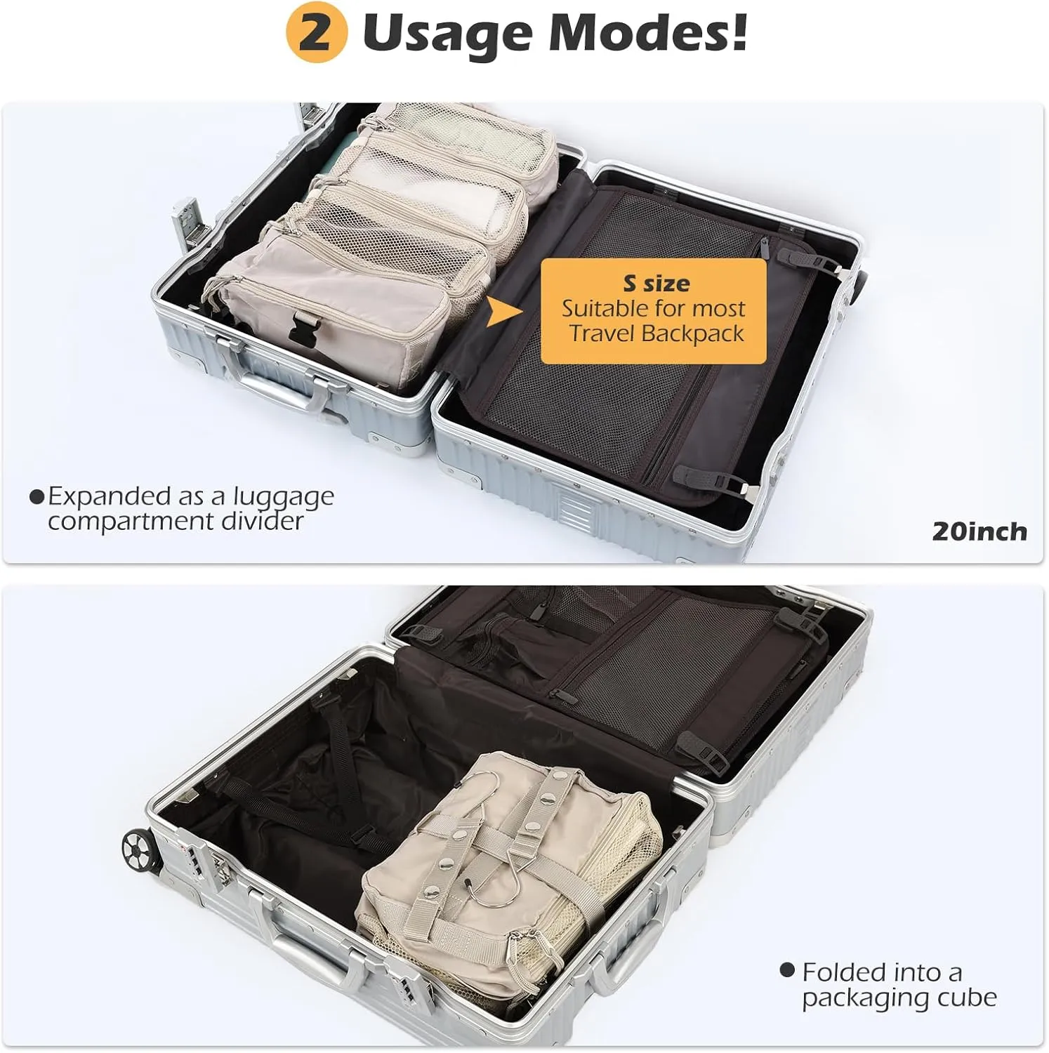 TABITORA Travel Luggage Organizer Hanging Packing Cubes Portable Hanging Shelves Carry on Closet for Suitcase with 2 Hooks,Collapsible(Gray,S)