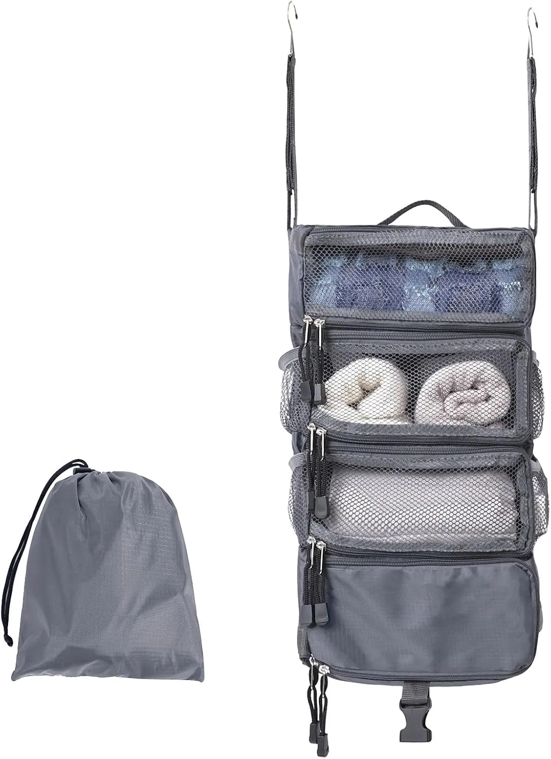 TABITORA Travel Luggage Organizer Hanging Packing Cubes Portable Hanging Shelves Carry on Closet for Suitcase with 2 Hooks,Collapsible(Gray,S)