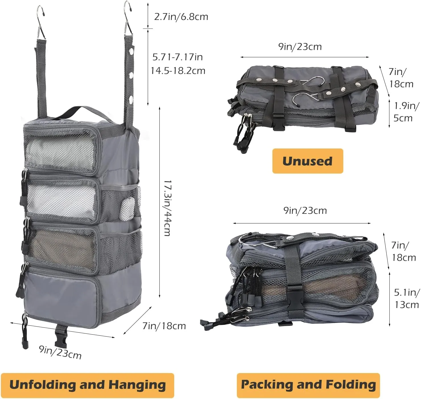 TABITORA Travel Luggage Organizer Hanging Packing Cubes Portable Hanging Shelves Carry on Closet for Suitcase with 2 Hooks,Collapsible(Gray,S)