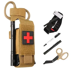 Tactical Molle Tourniquet Pouch Kit with TQ Tourniquet,Trauma Medical Shear,Penlight,Pen,Molle Tourniquet Holder Holster Kit for Outdoor Hiking Camping Survival First Aid (Khaki)