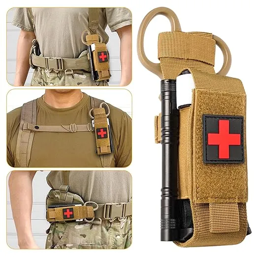 Tactical Molle Tourniquet Pouch Kit with TQ Tourniquet,Trauma Medical Shear,Penlight,Pen,Molle Tourniquet Holder Holster Kit for Outdoor Hiking Camping Survival First Aid (Khaki)