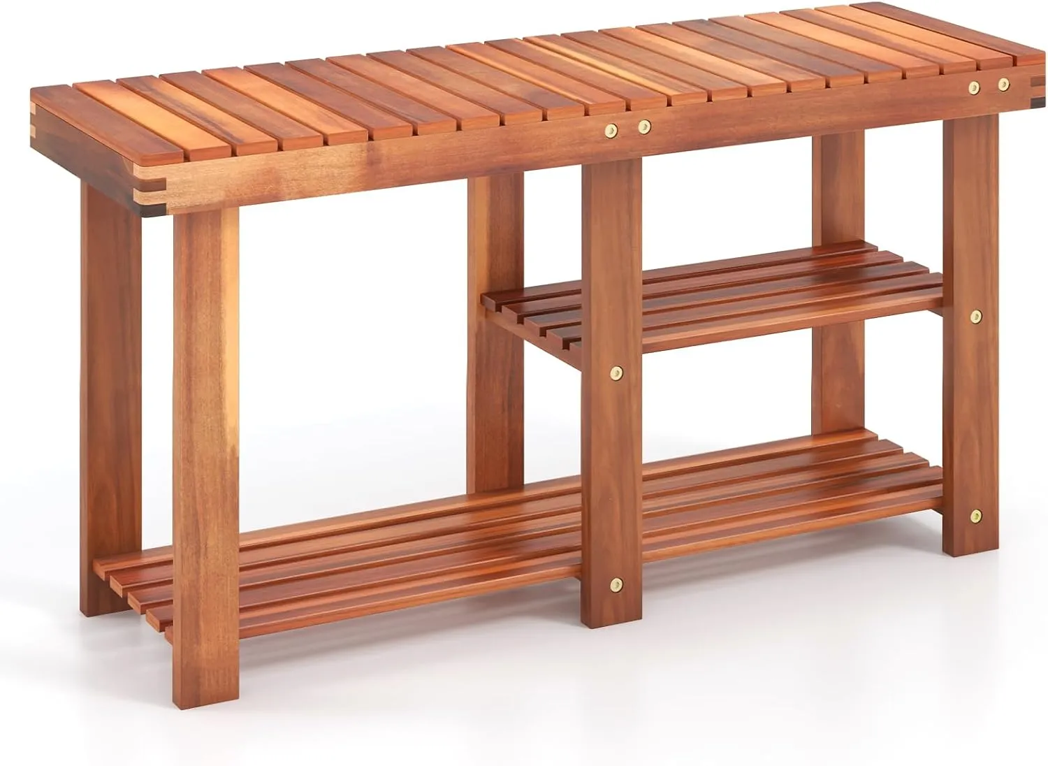 Tangkula 3-Tier Shoes Rack Bench, Entryway Storage Bench Shoes Organizer with Seat, Shoe Shelf for Boots, Acacia Wood Bench for Hallway, Bathroom, Living Room, Corridor Garden