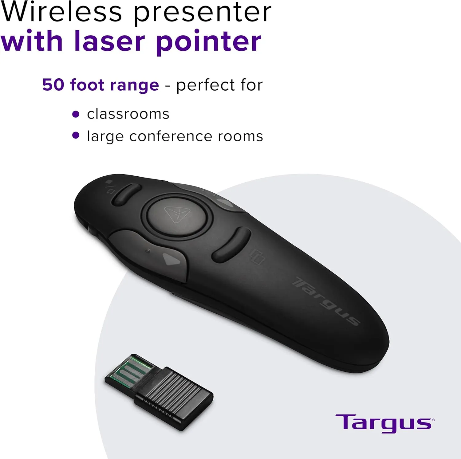 Targus Bluetooth Wireless Presentation Clicker Laser Pointer for Meetings and PowerPoint – Comes with USB Dongle, 50 Foot Range (AMP16US)