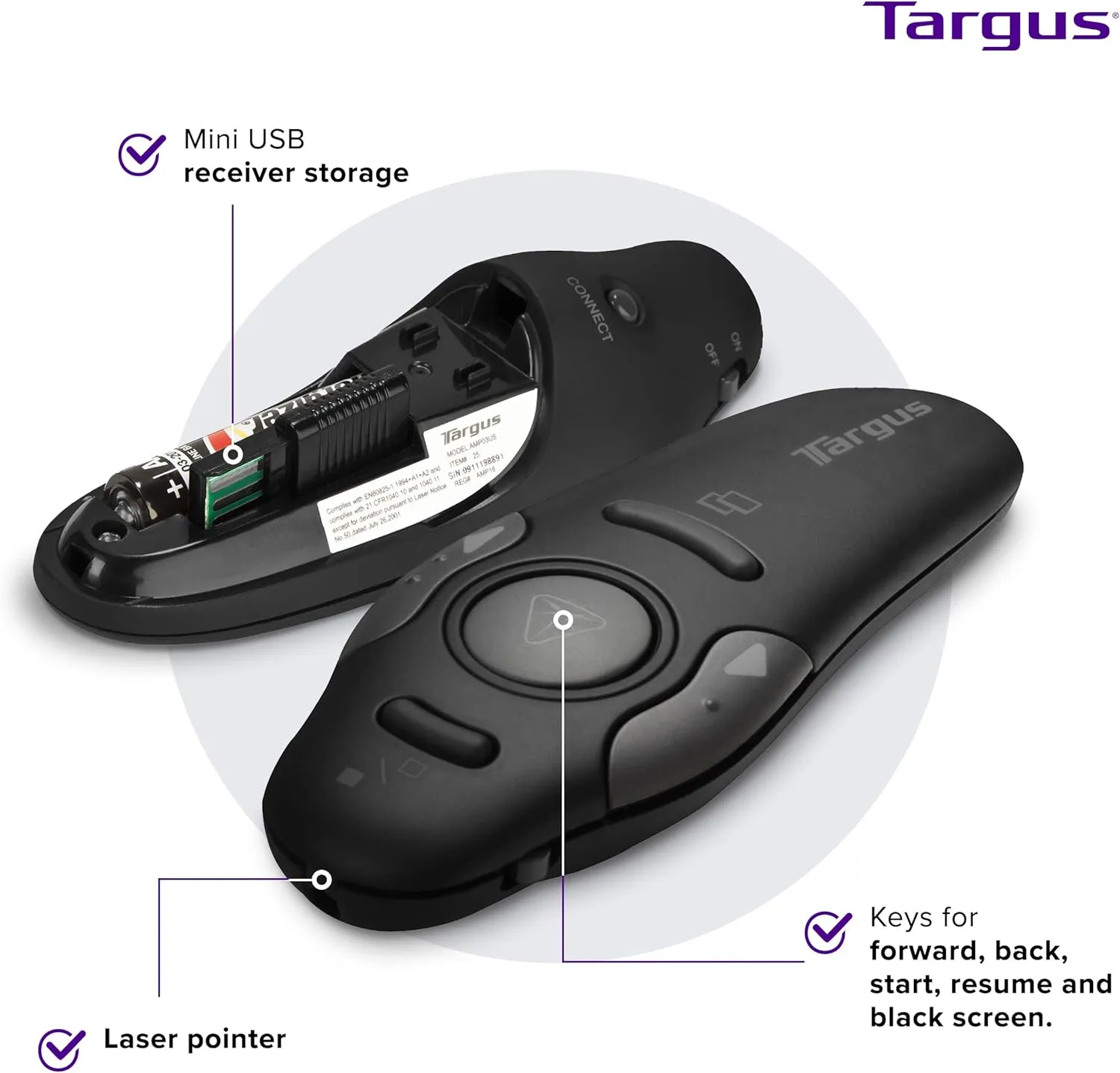 Targus Bluetooth Wireless Presentation Clicker Laser Pointer for Meetings and PowerPoint – Comes with USB Dongle, 50 Foot Range (AMP16US)