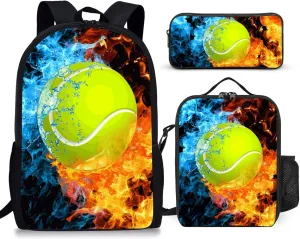 Tennis Backpack Set for School,17 Inch Casual School Bags with Lunch Box, Kids Daypack Bags and Pencil Case Set for Teens Boys Men Students