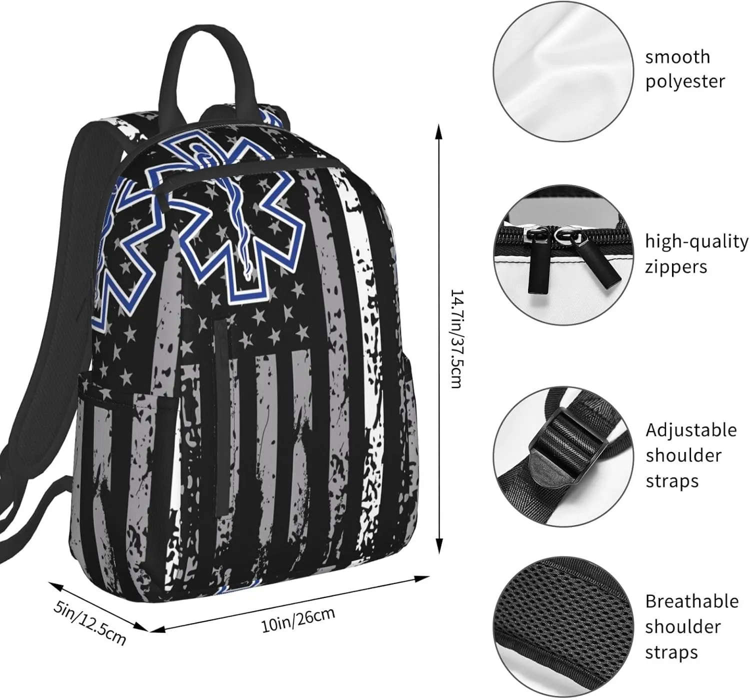 Thin White Line EMS EMT Paramedic American Flag Casual Backpacks Laptop Backpack Outdoor Travel Rucksack Sport Carry-On Daypack Lightweight Bag with Multi-Pockets