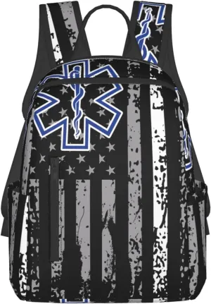 Thin White Line EMS EMT Paramedic American Flag Casual Backpacks Laptop Backpack Outdoor Travel Rucksack Sport Carry-On Daypack Lightweight Bag with Multi-Pockets