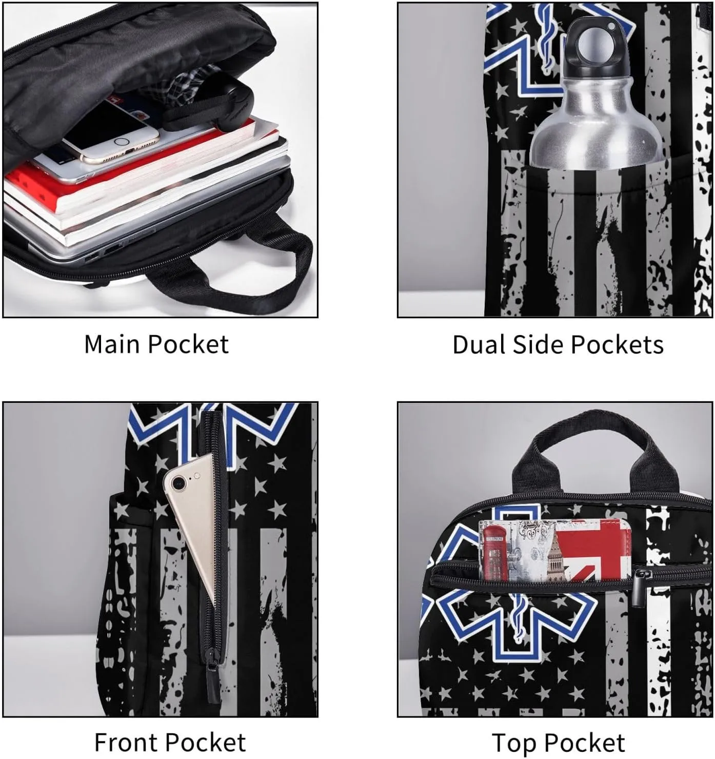 Thin White Line EMS EMT Paramedic American Flag Casual Backpacks Laptop Backpack Outdoor Travel Rucksack Sport Carry-On Daypack Lightweight Bag with Multi-Pockets