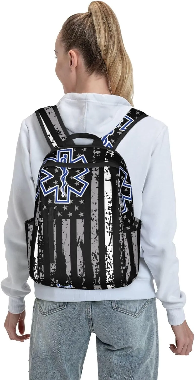 Thin White Line EMS EMT Paramedic American Flag Casual Backpacks Laptop Backpack Outdoor Travel Rucksack Sport Carry-On Daypack Lightweight Bag with Multi-Pockets