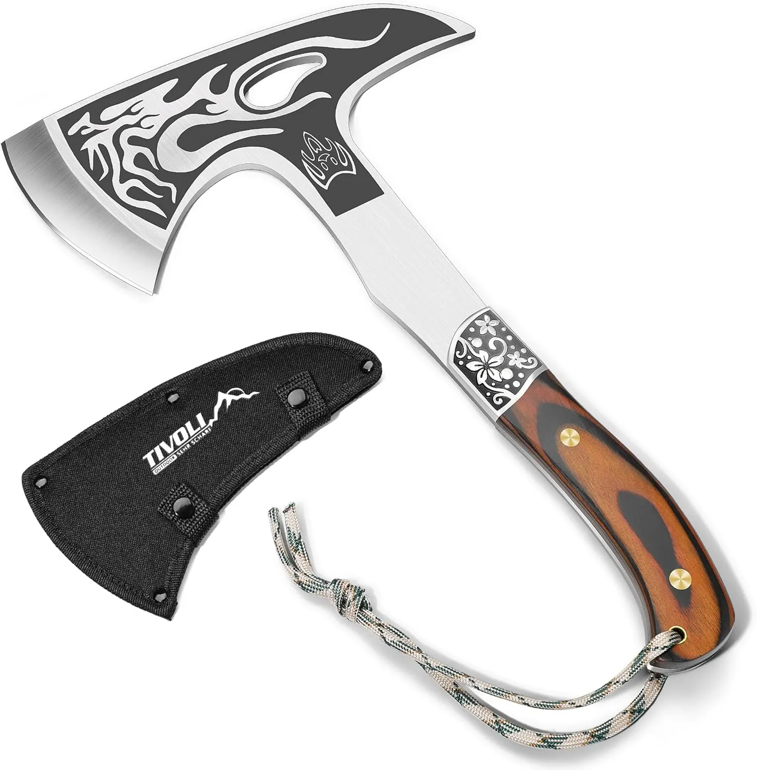 TIVOLI Camping Hatchet with Nylon Sheath Lightweight Outdoor Axe for Wood Splitting,Portable Survival Tool, High Carbon Stainless Steel Blade &Wooden Handle, Ideal Gift for Campers, Gardeners