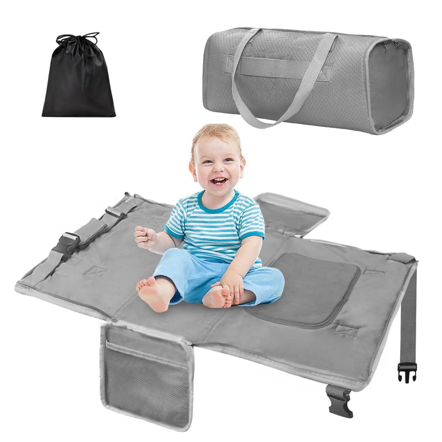 Toddler Airplane Bed and Travel Bag 2 in 1, Kids Airplane Seat Extender Portable Kids Flight Essentials, Adjustable Footrest for Infant Sleeping, Carry-On Duffle Bag Compatible (Gray)