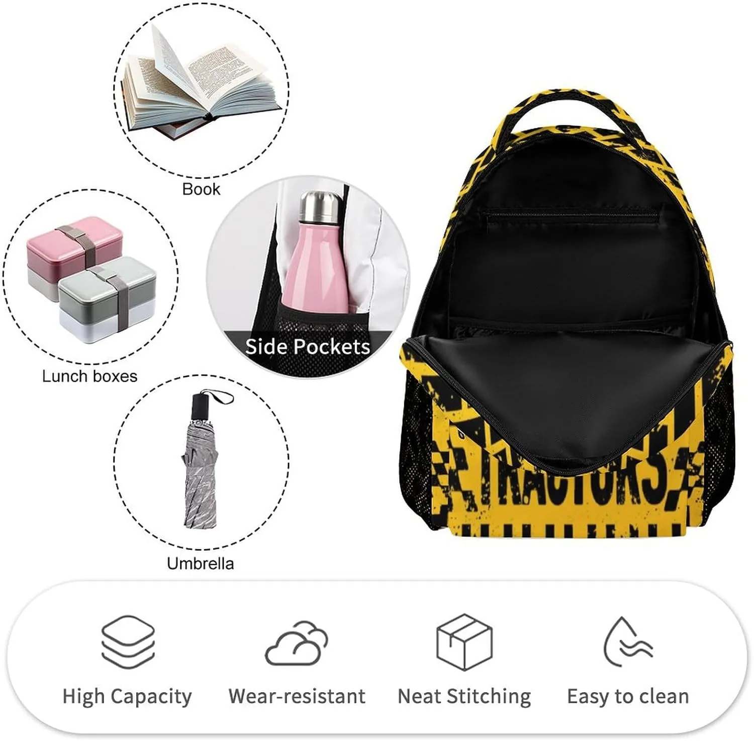 Tractor School Backpack, 16 Inch Cute Tractors Themed Bookbag for Kids Girls Boys, Daily School Backpacks for Students Children, Lightweight, Large Capacity