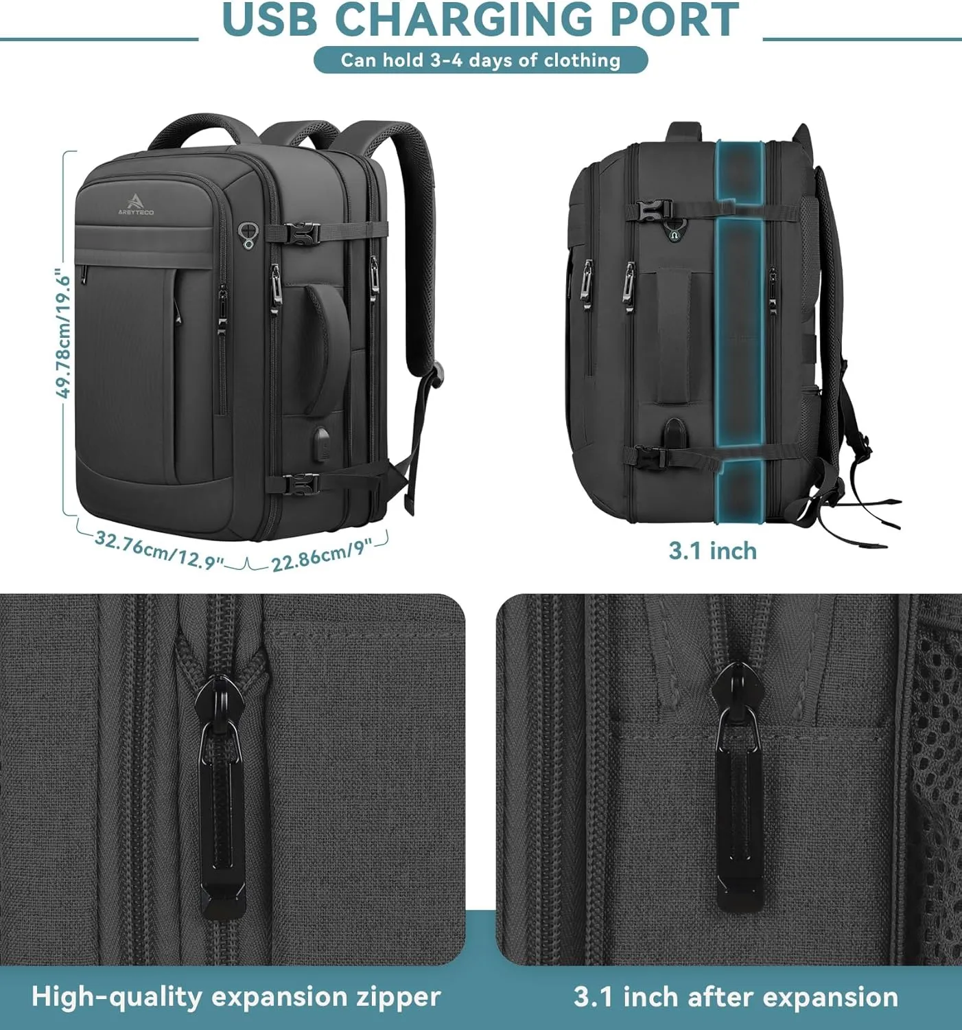 Travel Backpack, 50L Expandable Extra Large Laptop Backpack, Carry On Backpack Airline Approved Water Resistant Business Suitcase Daypack Bag Fits 17 Inch Laptops, Travel Gifts for Men Women, Black