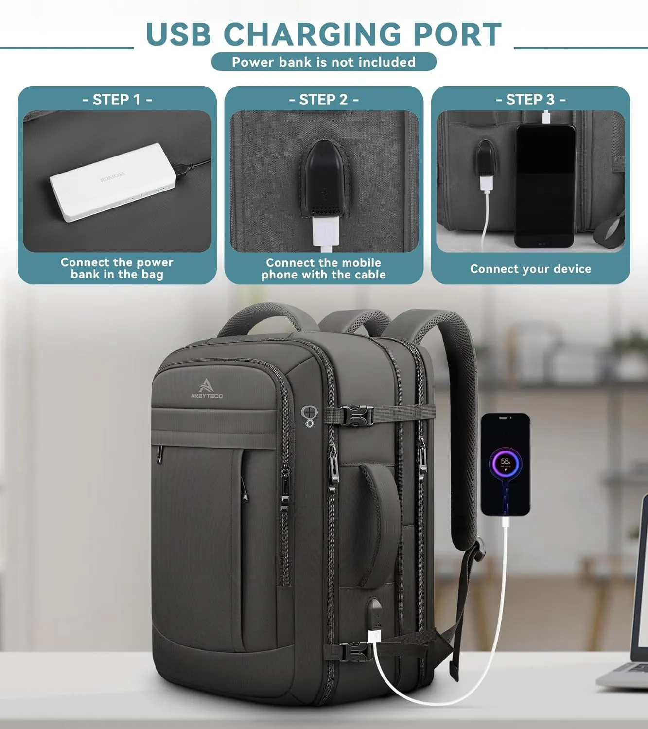 Travel Backpack, 50L Expandable Extra Large Laptop Backpack, Carry On Backpack Airline Approved Water Resistant Business Suitcase Daypack Bag Fits 17 Inch Laptops, Travel Gifts for Men Women, Black