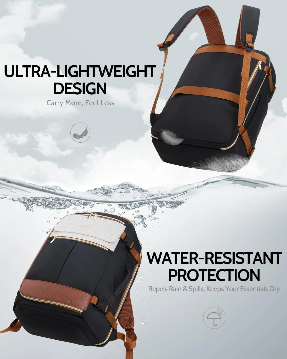 Travel Backpack for Women, 40L Carry On Backpacks Flight Approved, 18x14x8 Inches Personal Item Travel Bag, Large Backpack for Travel fits 17.3” Laptop, Waterproof Weekender Bag