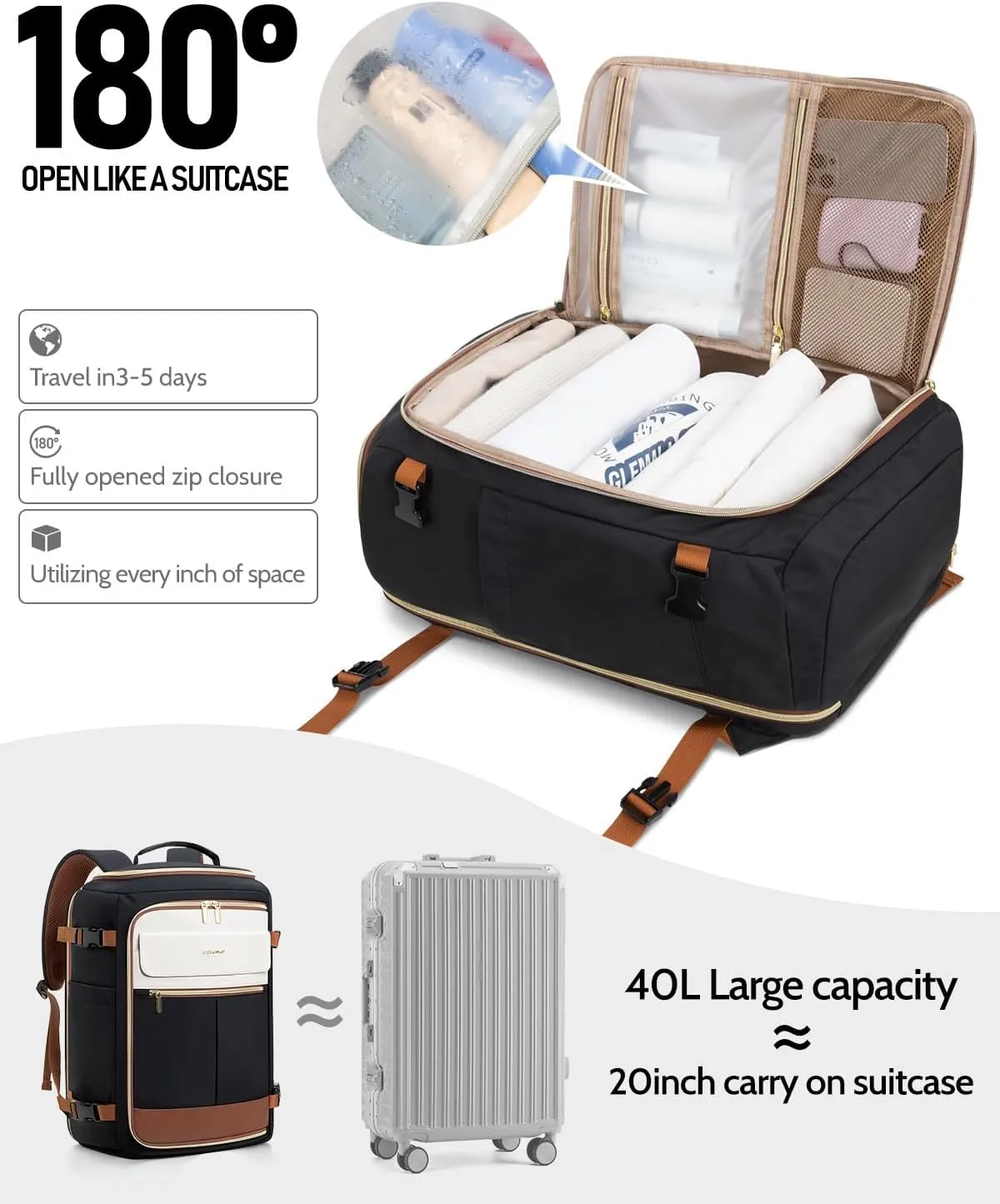 Travel Backpack for Women, 40L Carry On Backpacks Flight Approved, 18x14x8 Inches Personal Item Travel Bag, Large Backpack for Travel fits 17.3” Laptop, Waterproof Weekender Bag