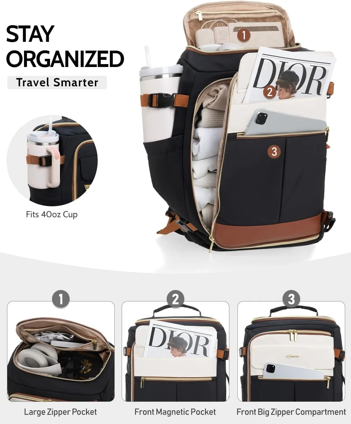 Travel Backpack for Women, 40L Carry On Backpacks Flight Approved, 18x14x8 Inches Personal Item Travel Bag, Large Backpack for Travel fits 17.3” Laptop, Waterproof Weekender Bag