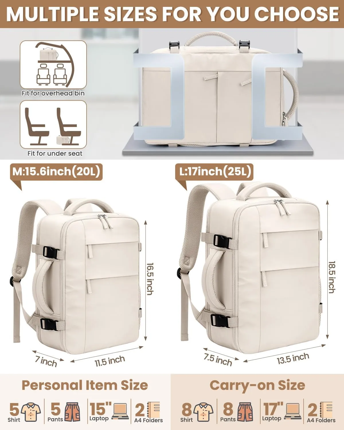 Travel Backpack for Women Man, Waterproof Travel Bag Airline Approved Laptop Backpack Carry on Weekender Overnight Bag Bookbag for Business,Travel, Work Fits 17.3 inch Laptop(Large,Beige)