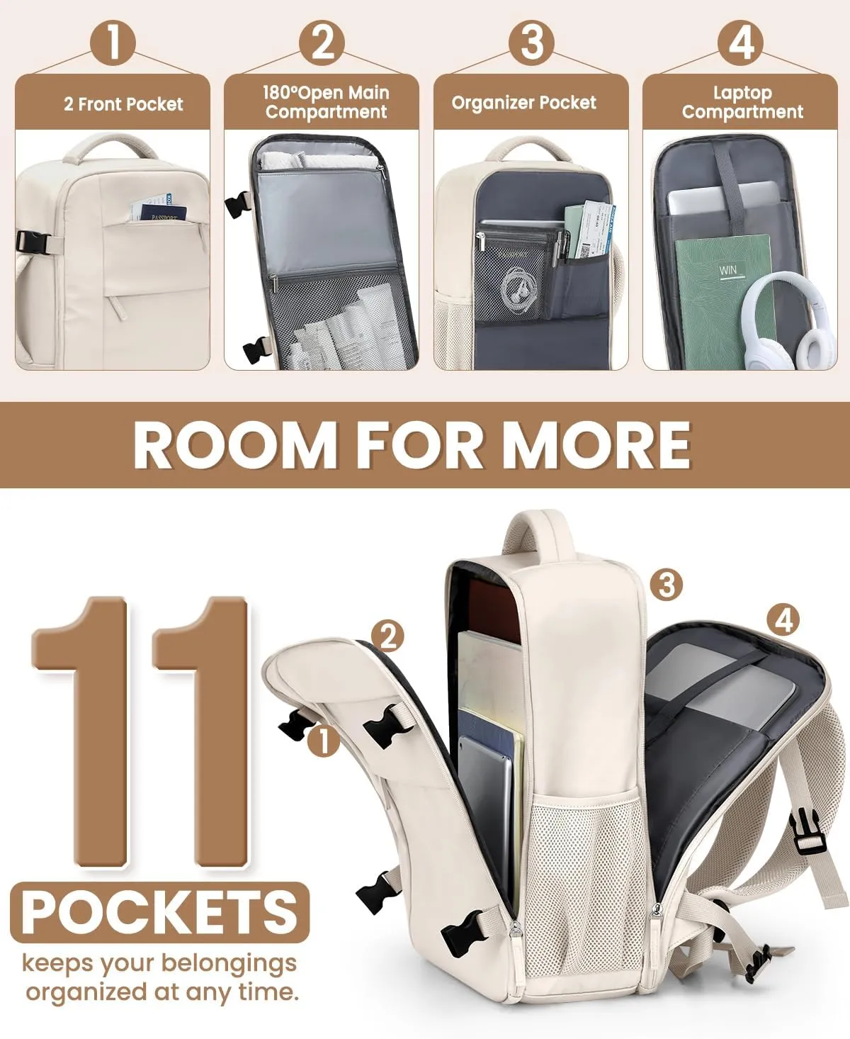 Travel Backpack for Women Man, Waterproof Travel Bag Airline Approved Laptop Backpack Carry on Weekender Overnight Bag Bookbag for Business,Travel, Work Fits 17.3 inch Laptop(Large,Beige)