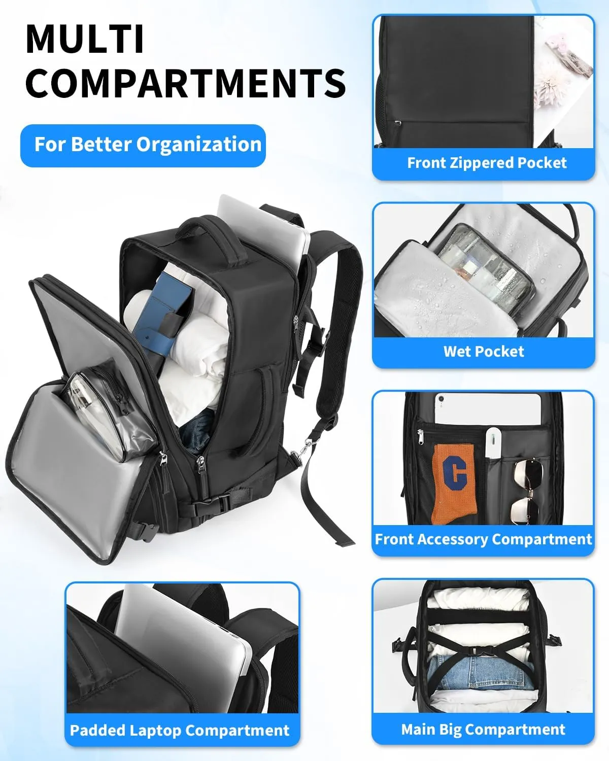 Travel Backpack for Women Men, Carry On Backpacks Expandable 40L Personal Item Bag, 17.3 Inch Laptop Bag, Waterproof Backpack Flight Approved, Nurse Casual Daypack for School, Business, College, Black