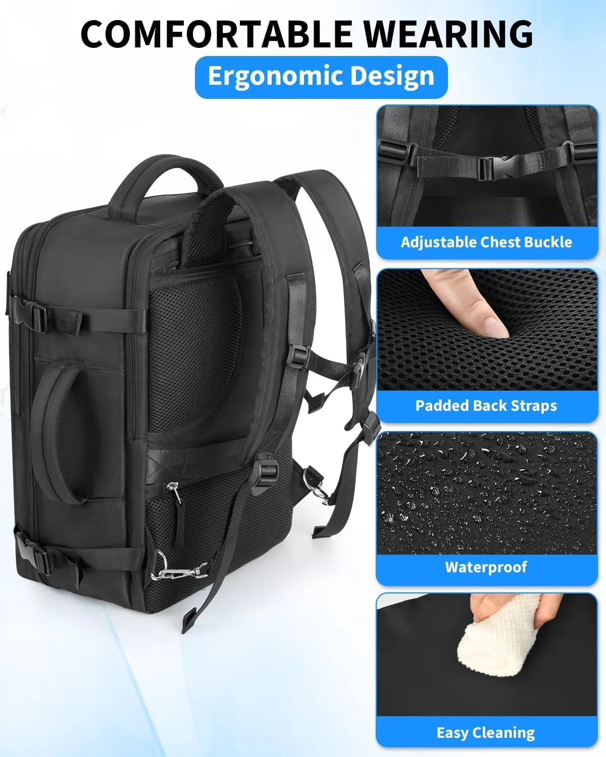 Travel Backpack for Women Men, Carry On Backpacks Expandable 40L Personal Item Bag, 17.3 Inch Laptop Bag, Waterproof Backpack Flight Approved, Nurse Casual Daypack for School, Business, College, Black