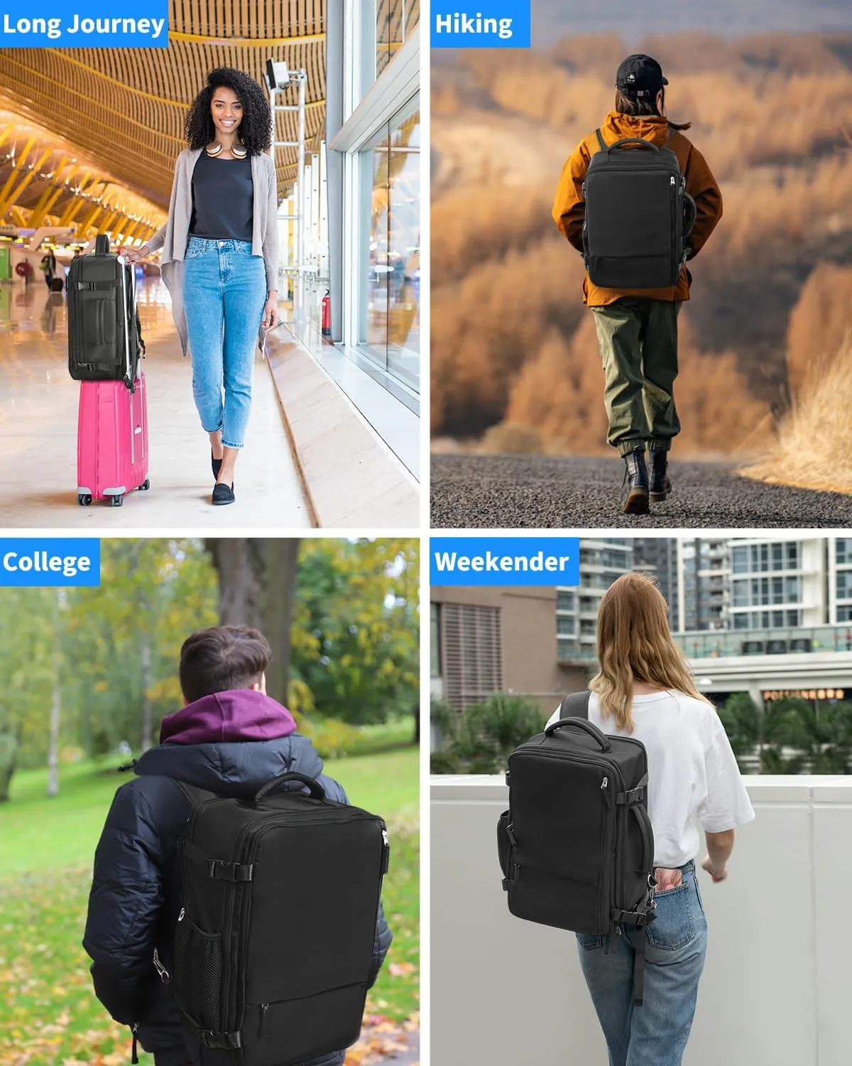 Travel Backpack for Women Men, Carry On Backpacks Expandable 40L Personal Item Bag, 17.3 Inch Laptop Bag, Waterproof Backpack Flight Approved, Nurse Casual Daypack for School, Business, College, Black