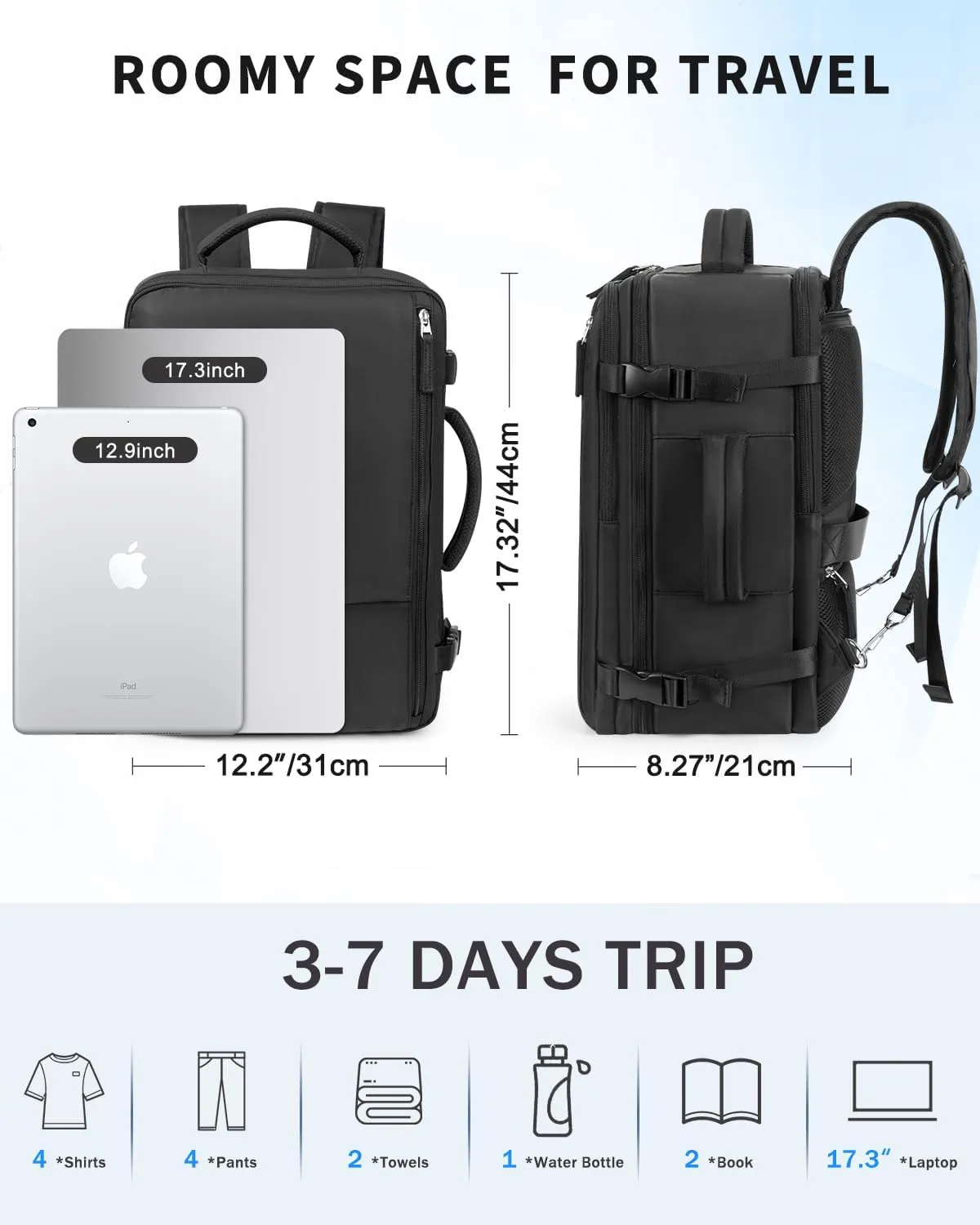 Travel Backpack for Women Men, Carry On Backpacks Expandable 40L Personal Item Bag, 17.3 Inch Laptop Bag, Waterproof Backpack Flight Approved, Nurse Casual Daypack for School, Business, College, Black
