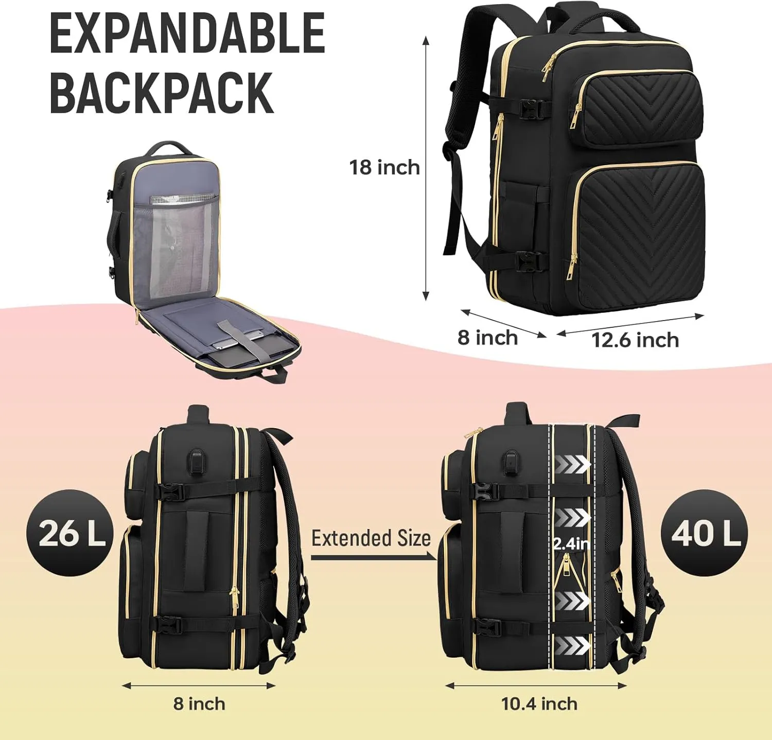 Travel Backpack for Women Men, Flight Approved Carry on Backpack, Large Expandable Suitcase Bag, 17.3 Inch Laptop Bag for Weekender Business Camping Hiking,Black