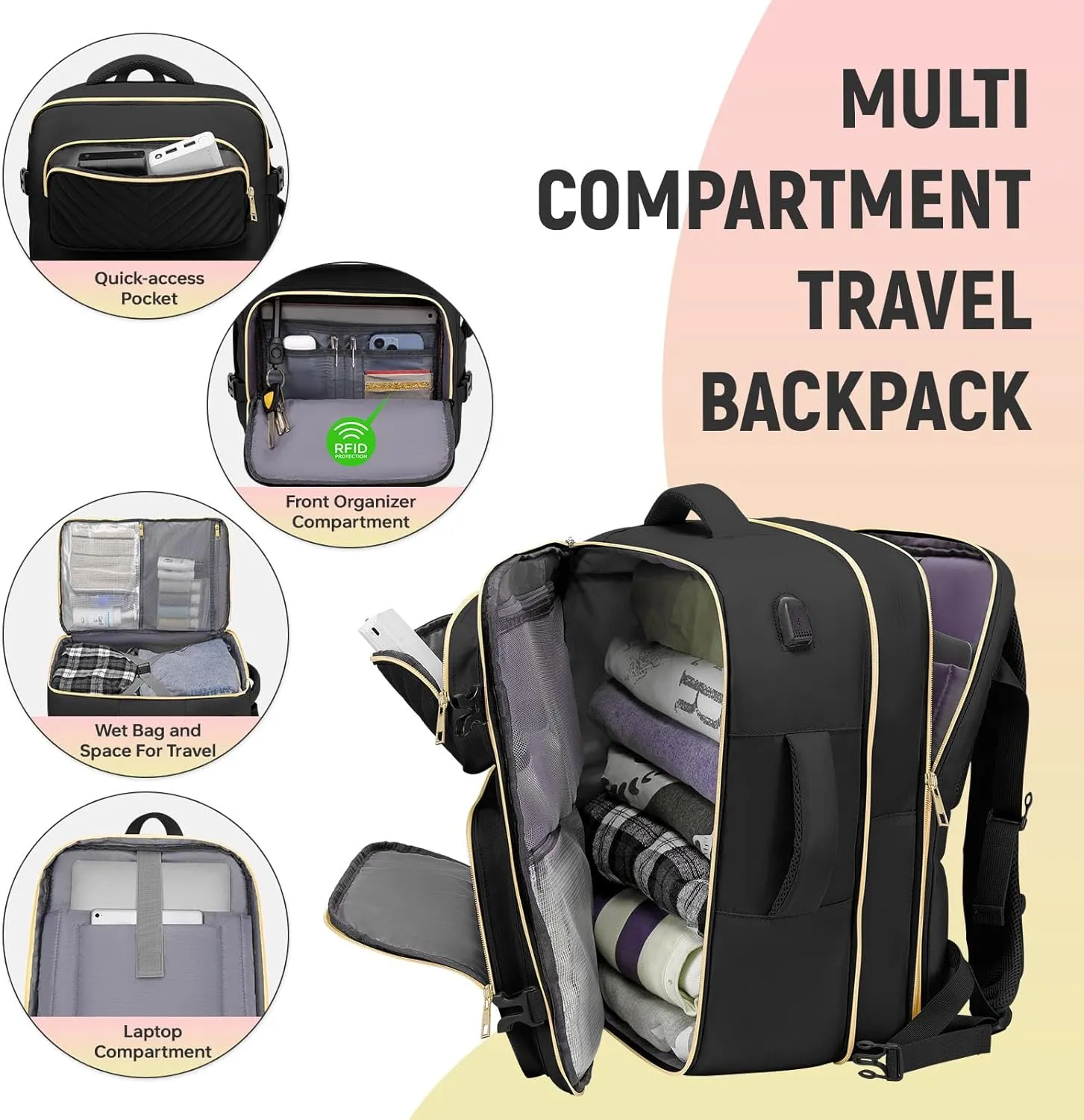 Travel Backpack for Women Men, Flight Approved Carry on Backpack, Large Expandable Suitcase Bag, 17.3 Inch Laptop Bag for Weekender Business Camping Hiking,Black
