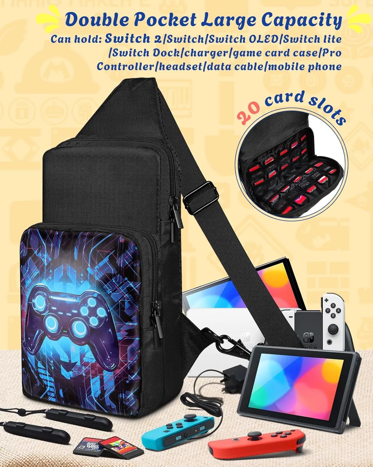 Travel Bag for Nintendo Switch 2 2025/Switch/Lite/OLED - Cute Sling Crossbody Shoulder Carrying Storage Backpack for Teens for Nintendo Accessories Storage, Game