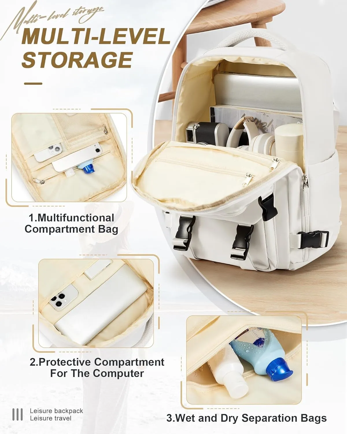 Travel Carry on Laptop Backpack for Women Men, Expandable Flight Approved Backpack, Waterproof Sports College bag Casual Daypack for Weekender Business Hiking Off White(Small)