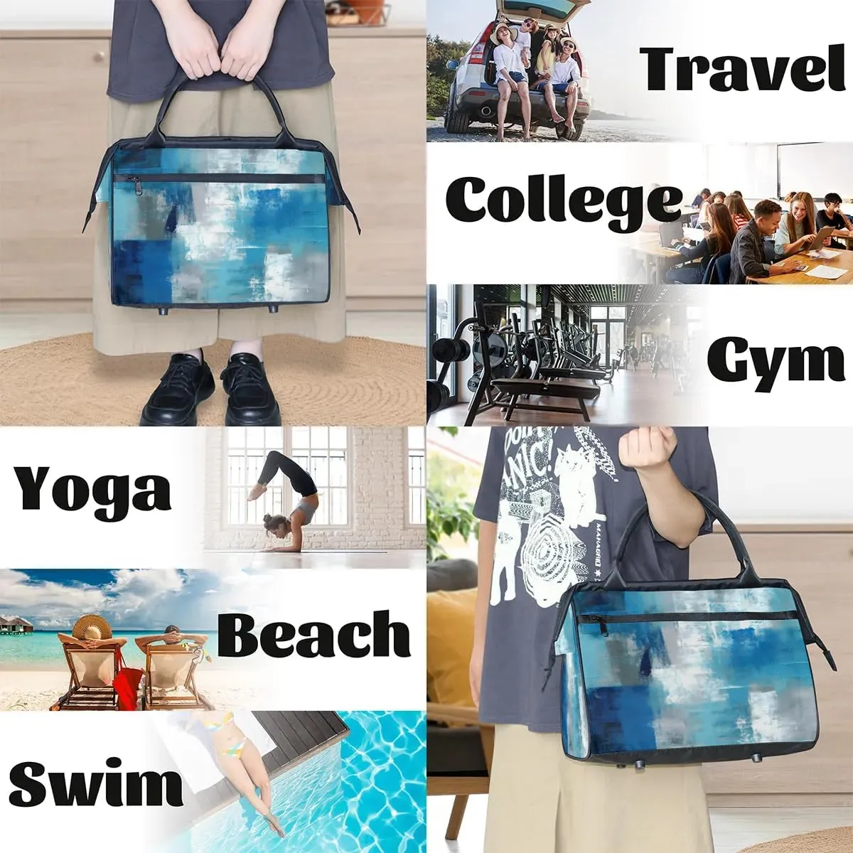 Travel Duffel Bag for Women, Abstract Blue Prints Weekender Overnight Bag Carry on Beach Swim Bags Dance Bag Airlines Approved Personal Item Travel Bag for Yoga, Sports, Hospital
