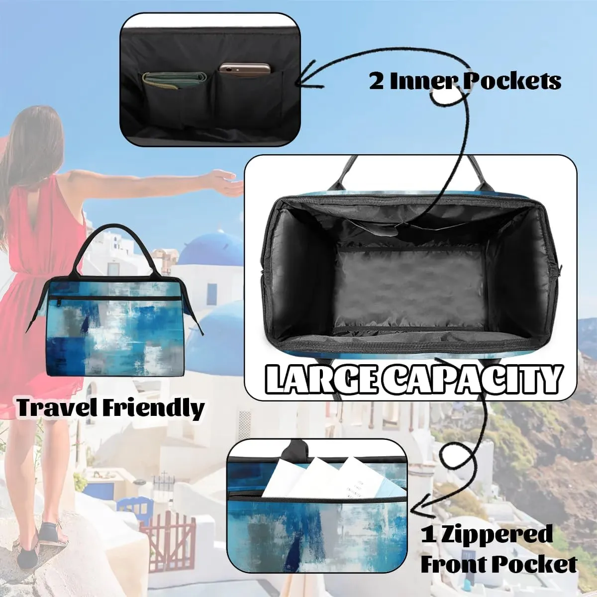 Travel Duffel Bag for Women, Abstract Blue Prints Weekender Overnight Bag Carry on Beach Swim Bags Dance Bag Airlines Approved Personal Item Travel Bag for Yoga, Sports, Hospital