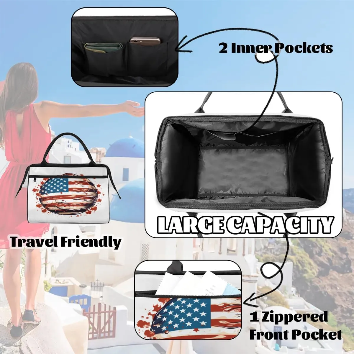 Travel Duffel Bag for Women, American Flag Weekender Overnight Bag Carry on Beach Swim Bags Dance Bag Airlines Approved Personal Item Travel Bag for Yoga, Sports, Hospital