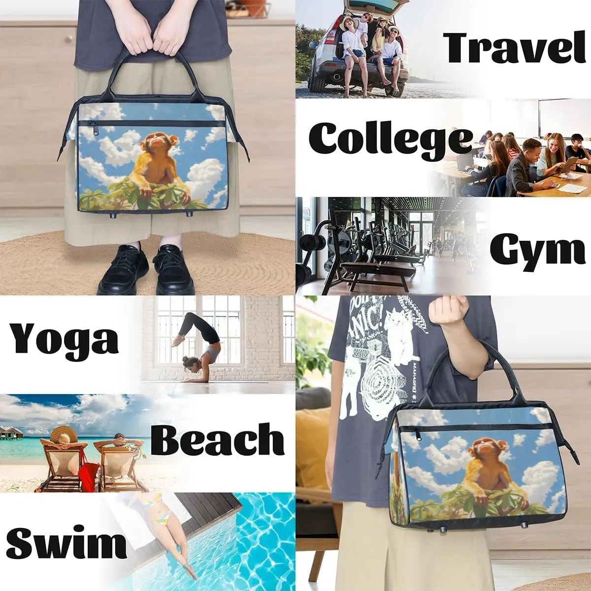 Travel Duffel Bag for Women, Animal Monkey Weekender Overnight Bag Carry on Beach Swim Bags Dance Bag Airlines Approved Personal Item Travel Bag for Yoga, Sports, Hospital