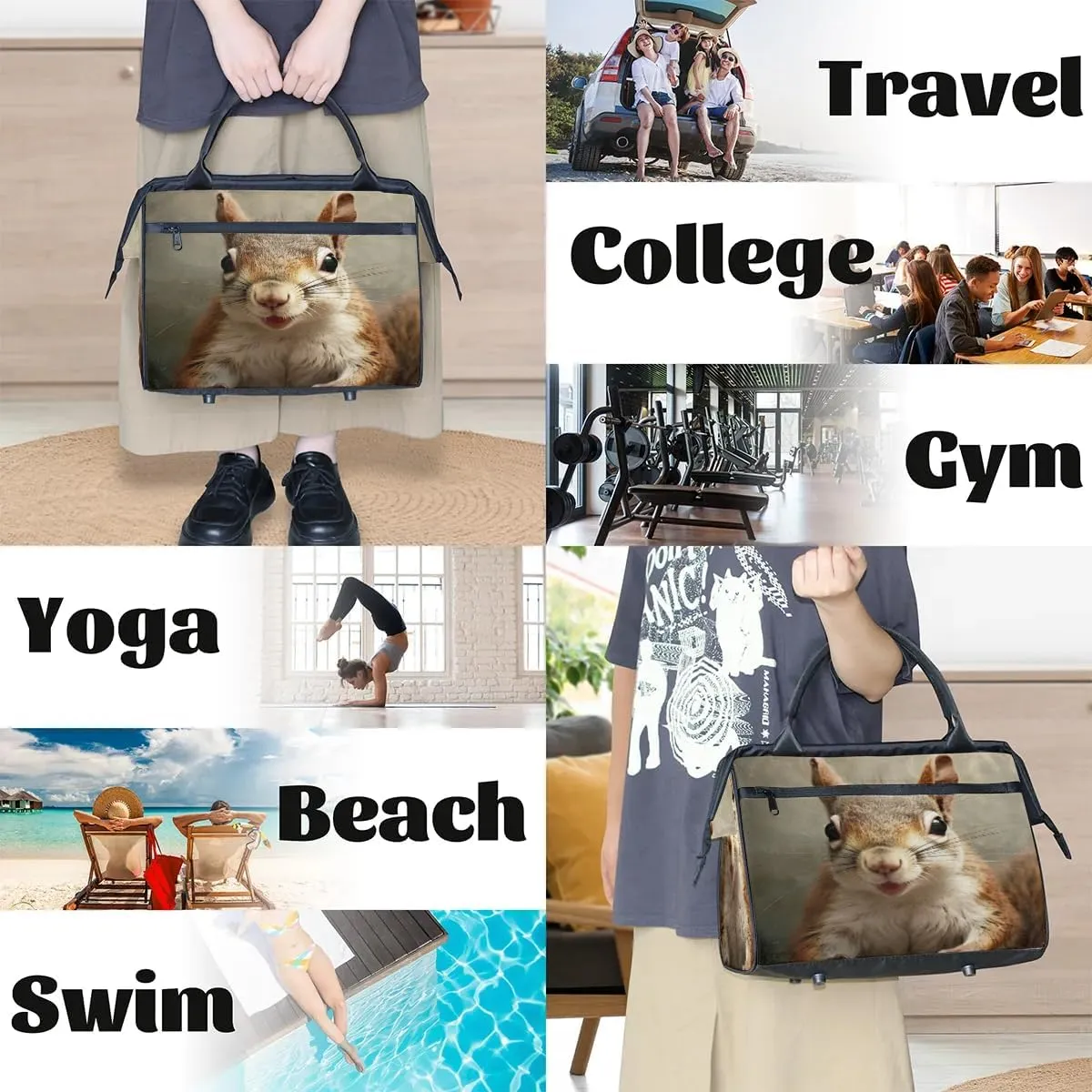 Travel Duffel Bag for Women, Animals Squirrel Weekender Overnight Bag Carry on Beach Swim Bags Dance Bag Airlines Approved Personal Item Travel Bag for Yoga, Sports, Hospital