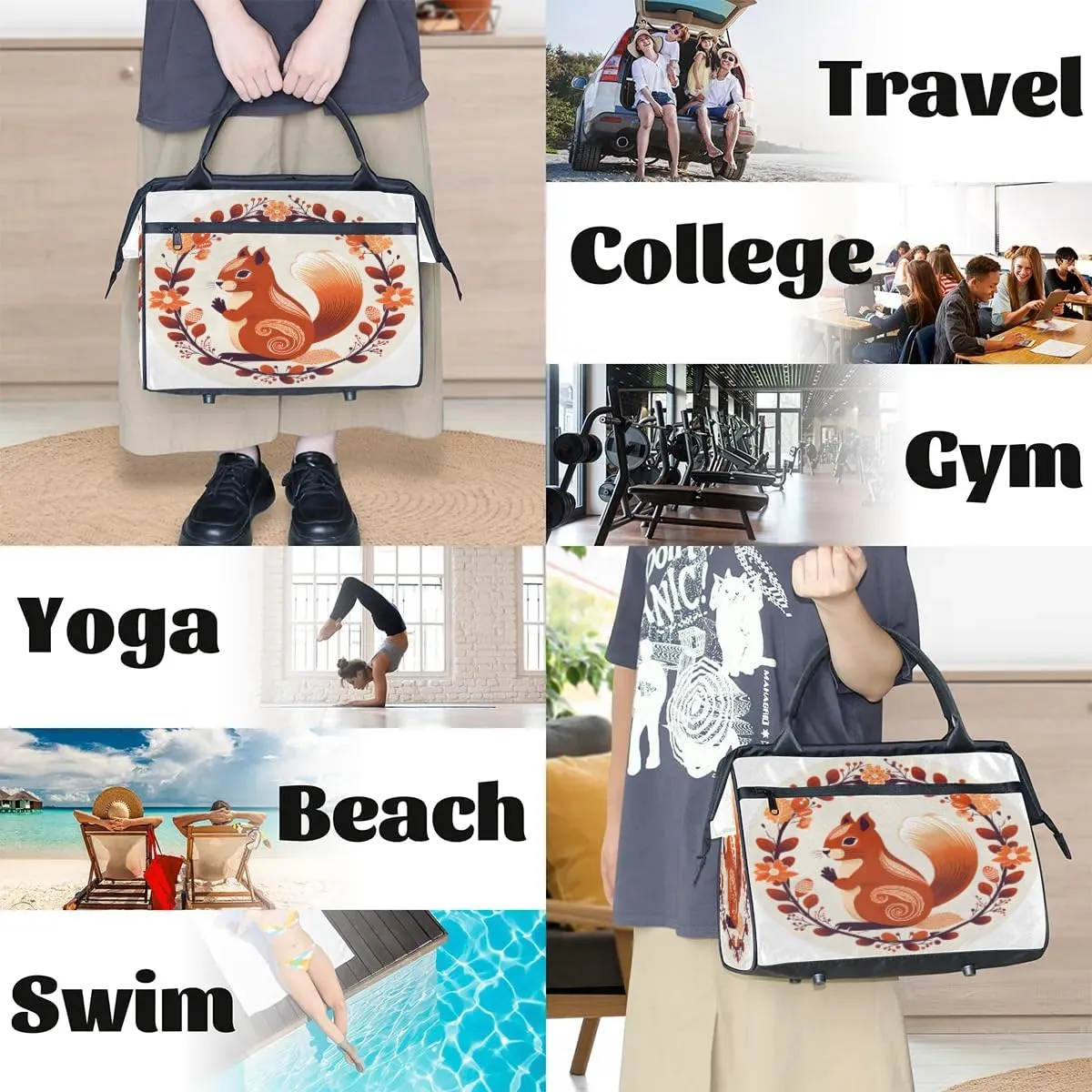 Travel Duffel Bag for Women, Autumn Squirrel Animals Weekender Overnight Bag Carry on Beach Swim Bags Dance Bag Airlines Approved Personal Item Travel Bag for Yoga, Sports, Hospital