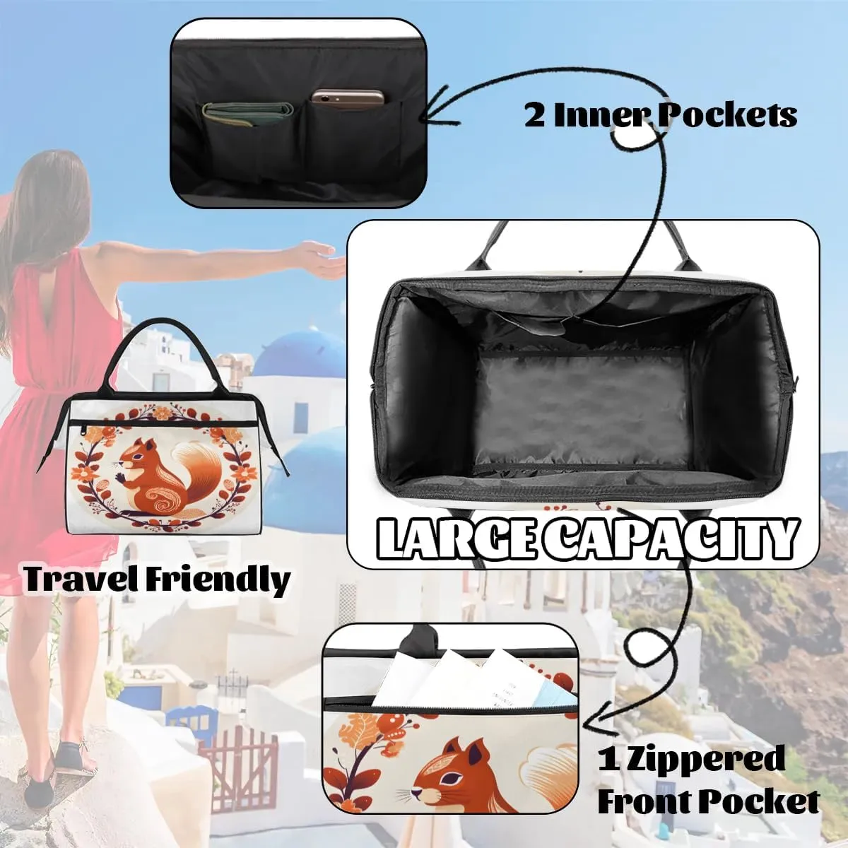 Travel Duffel Bag for Women, Autumn Squirrel Animals Weekender Overnight Bag Carry on Beach Swim Bags Dance Bag Airlines Approved Personal Item Travel Bag for Yoga, Sports, Hospital