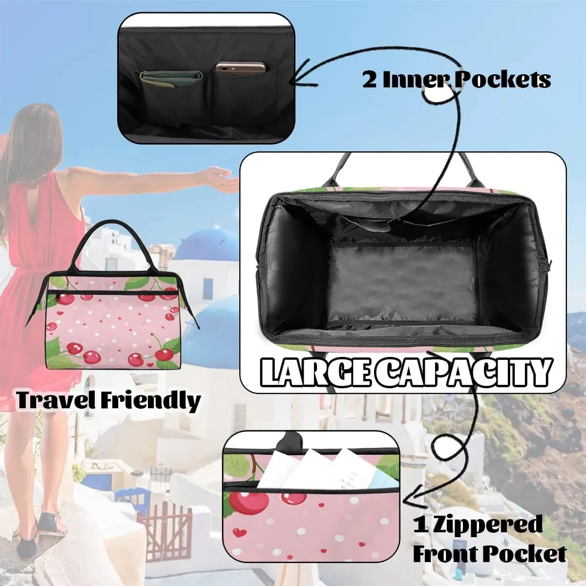 Travel Duffel Bag for Women, Cherry Polka Dot Weekender Overnight Bag Carry on Beach Swim Bags Dance Bag Airlines Approved Personal Item Travel Bag for Yoga, Sports, Hospital