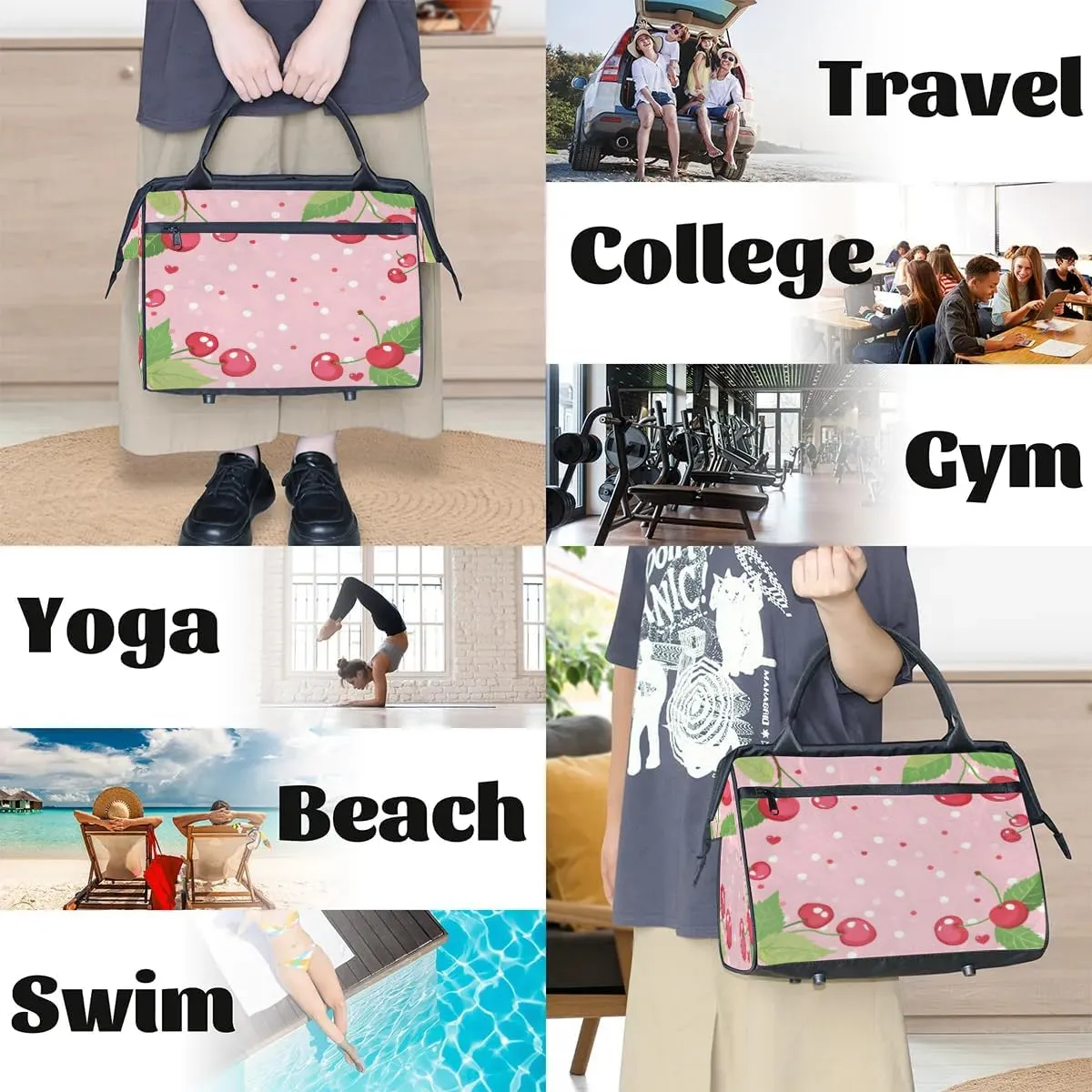 Travel Duffel Bag for Women, Cherry Polka Dot Weekender Overnight Bag Carry on Beach Swim Bags Dance Bag Airlines Approved Personal Item Travel Bag for Yoga, Sports, Hospital