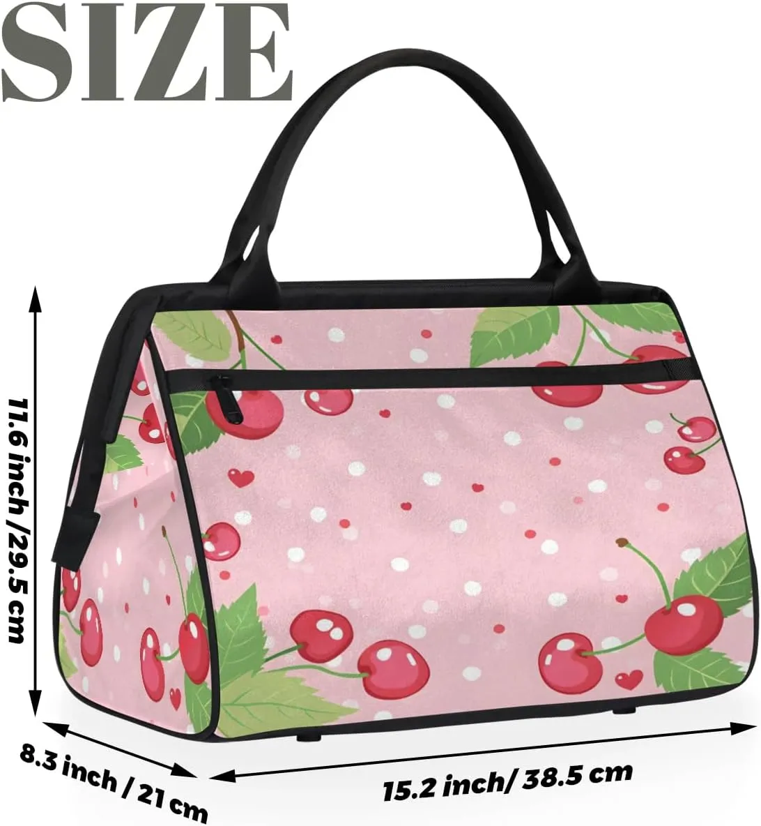 Travel Duffel Bag for Women, Cherry Polka Dot Weekender Overnight Bag Carry on Beach Swim Bags Dance Bag Airlines Approved Personal Item Travel Bag for Yoga, Sports, Hospital