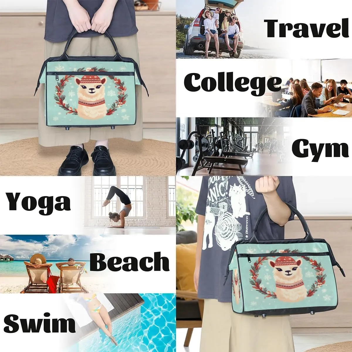 Travel Duffel Bag for Women, Christmas Alpaca Weekender Overnight Bag Carry on Beach Swim Bags Dance Bag Airlines Approved Personal Item Travel Bag for Yoga, Sports, Hospital