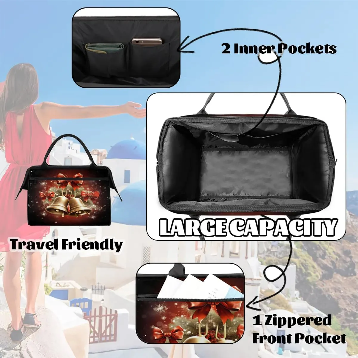 Travel Duffel Bag for Women, Christmas Bell Weekender Overnight Bag Carry on Beach Swim Bags Dance Bag Airlines Approved Personal Item Travel Bag for Yoga, Sports, Hospital